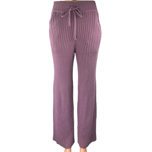 Zara Purple Wool Rib Knit High Waisted Flared Wide Leg Trousers Sweatpants Sz S - Picture 1 of 5